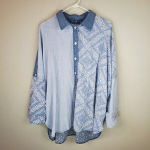 American Eagle Size M Blue Linen Blend Multi Pattern Oversized Button Down